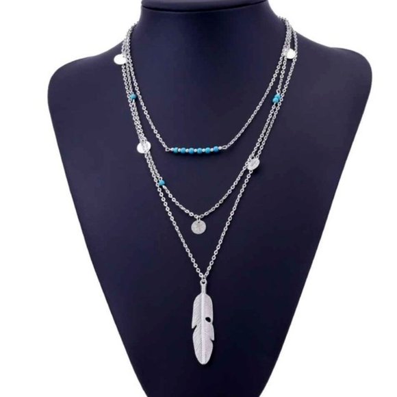Golden Threads Jewelry - Layered Silver Feather Turquoise Necklace
